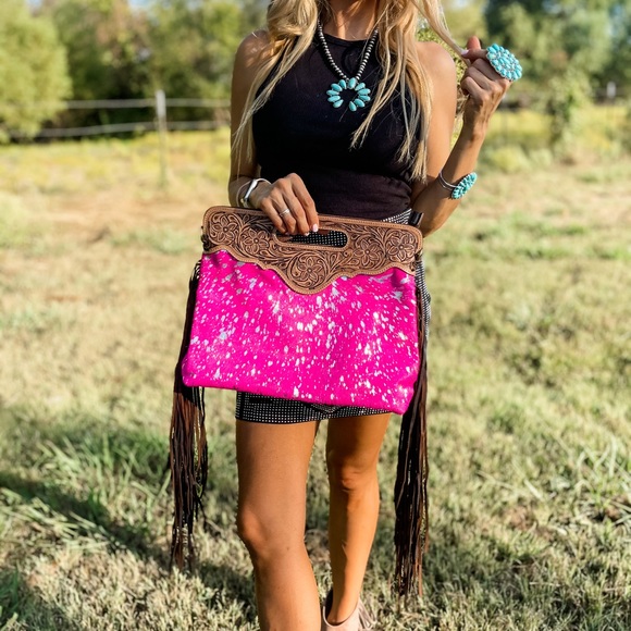 Tooled Leather Cowhide Fringe Tassel clutch crossbody purse pink + silver specs - Picture 5 of 11